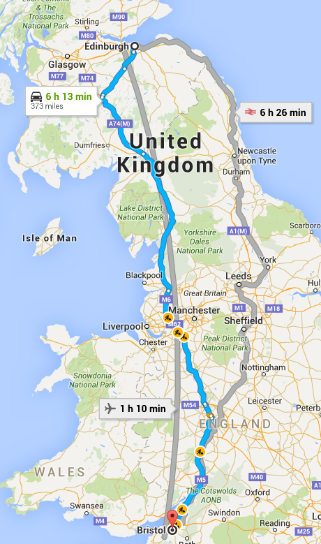 Distance Edinburgh to Bristol Map