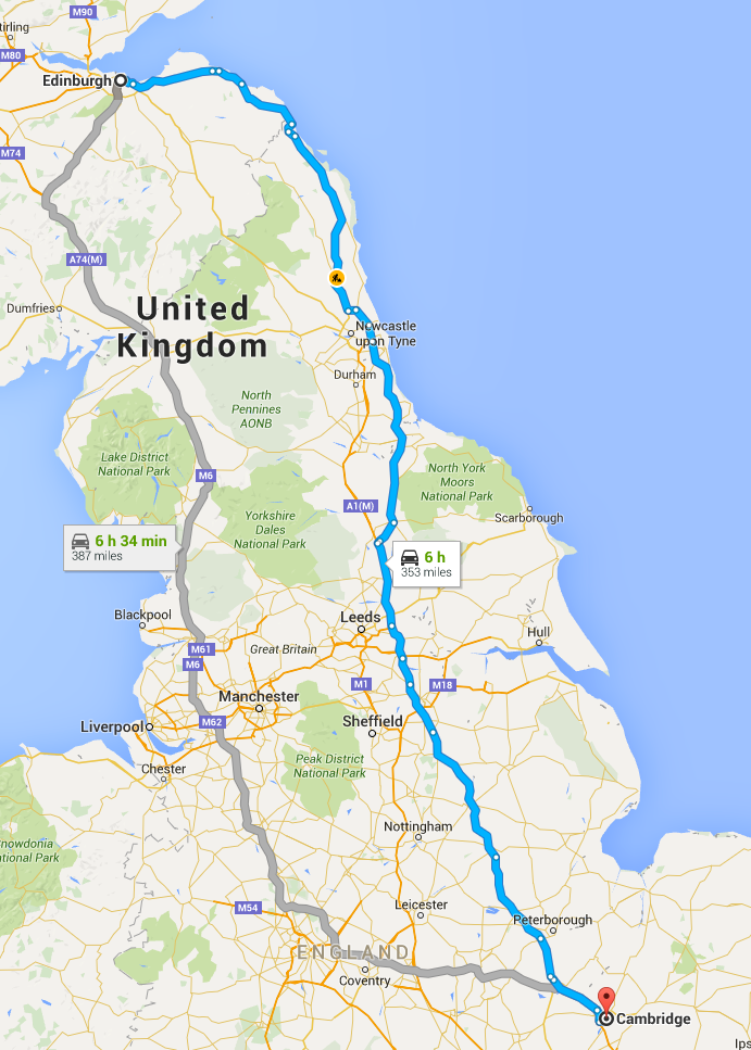 Edinburgh to Cambridge distance map