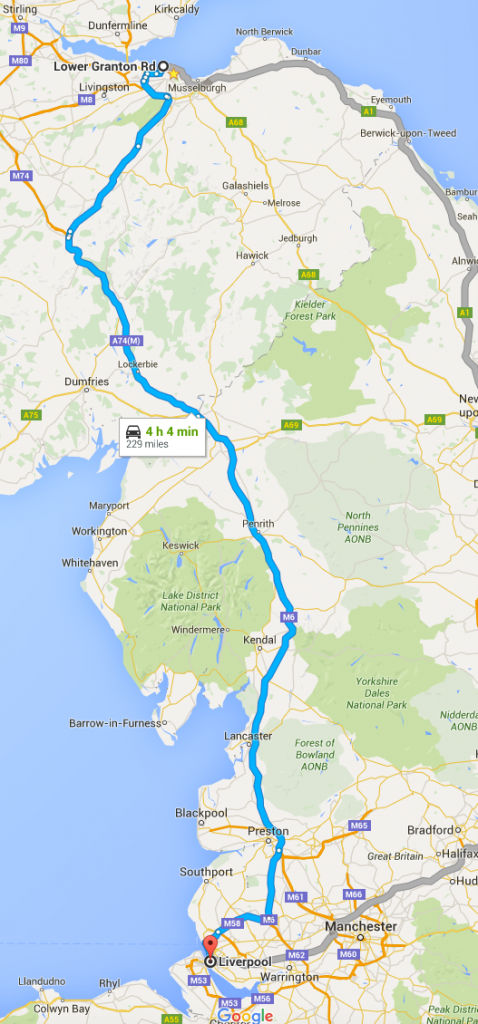 Edinburgh to Liverpool distance map.